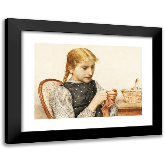 Albert Anker 14x11 Black Modern Framed Museum Art Print Titled - Knitting Girl (1910)