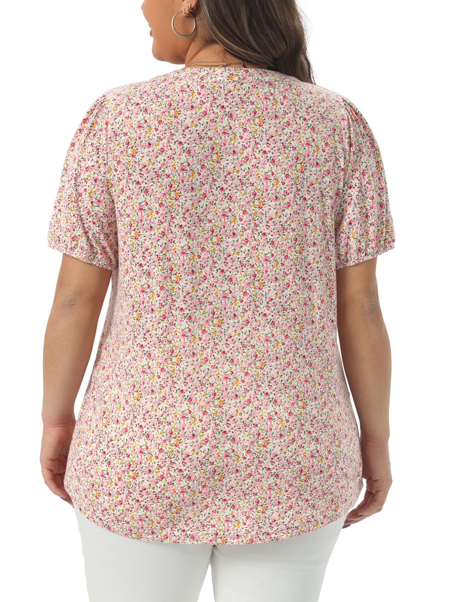 Women's Plus Short Sleeve Pleated T-Shirts Notched V Neck Floral Tops 2X Pink
