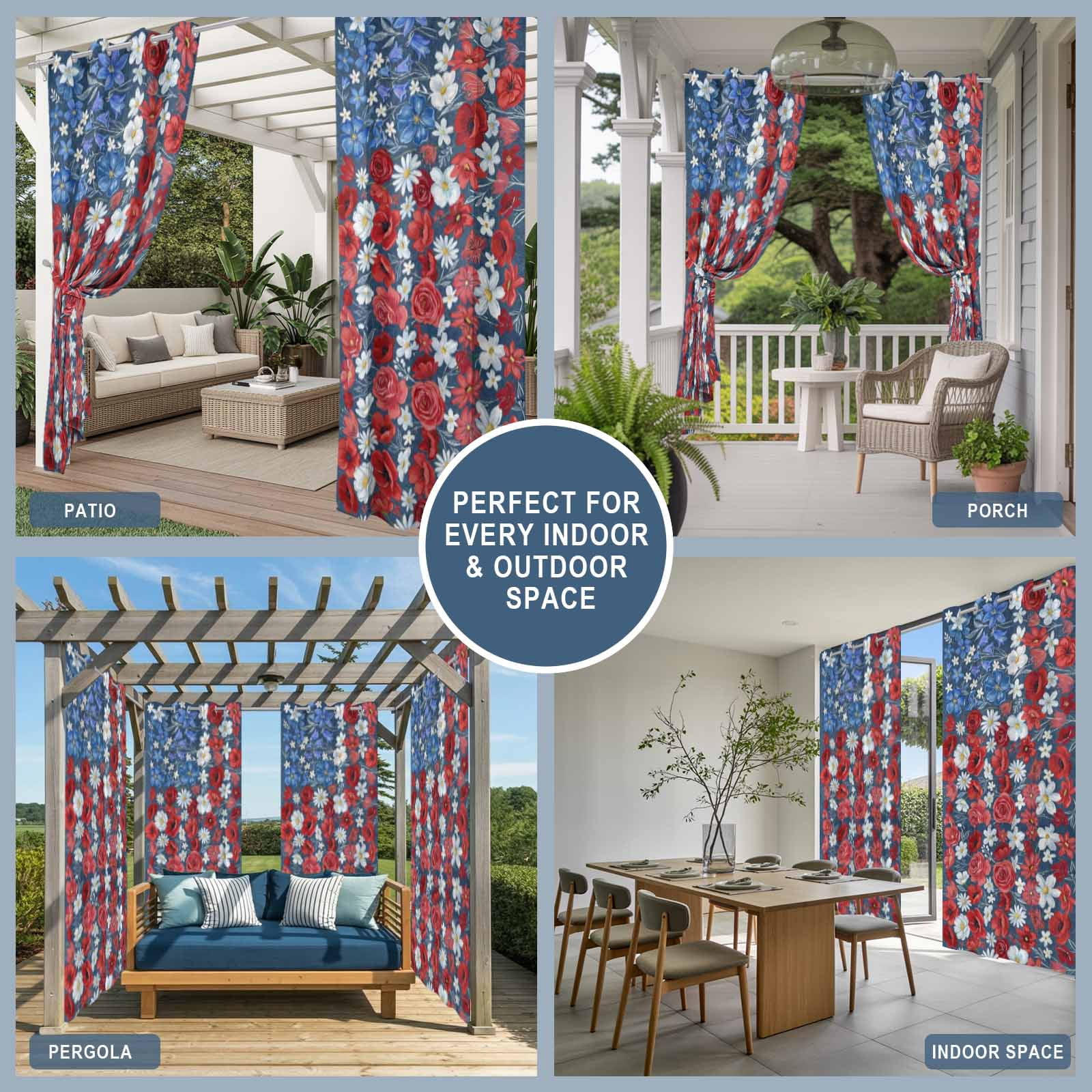 Independence Day Outdoor Curtains for Patio, Patriotic U.S. Flag Style Blue Red Flowers Sunshade Privacy Drapes Grommet Waterproof Outside Curtains for Porch/Cabana/Balcony 54"x 108", 1 Panel