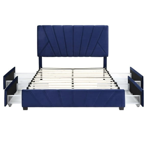 Furniture of America Harper Fabric Upholstered Queen Bed with 4-Drawer in Navy