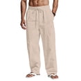 thumbnail image 2 of GrmtClth Men's Linen Pants Loose Fit Wide Leg Trousers Lightweight Drawstring Waist Casual Beach Pants with Pockets Khaki 2XL, 2 of 4