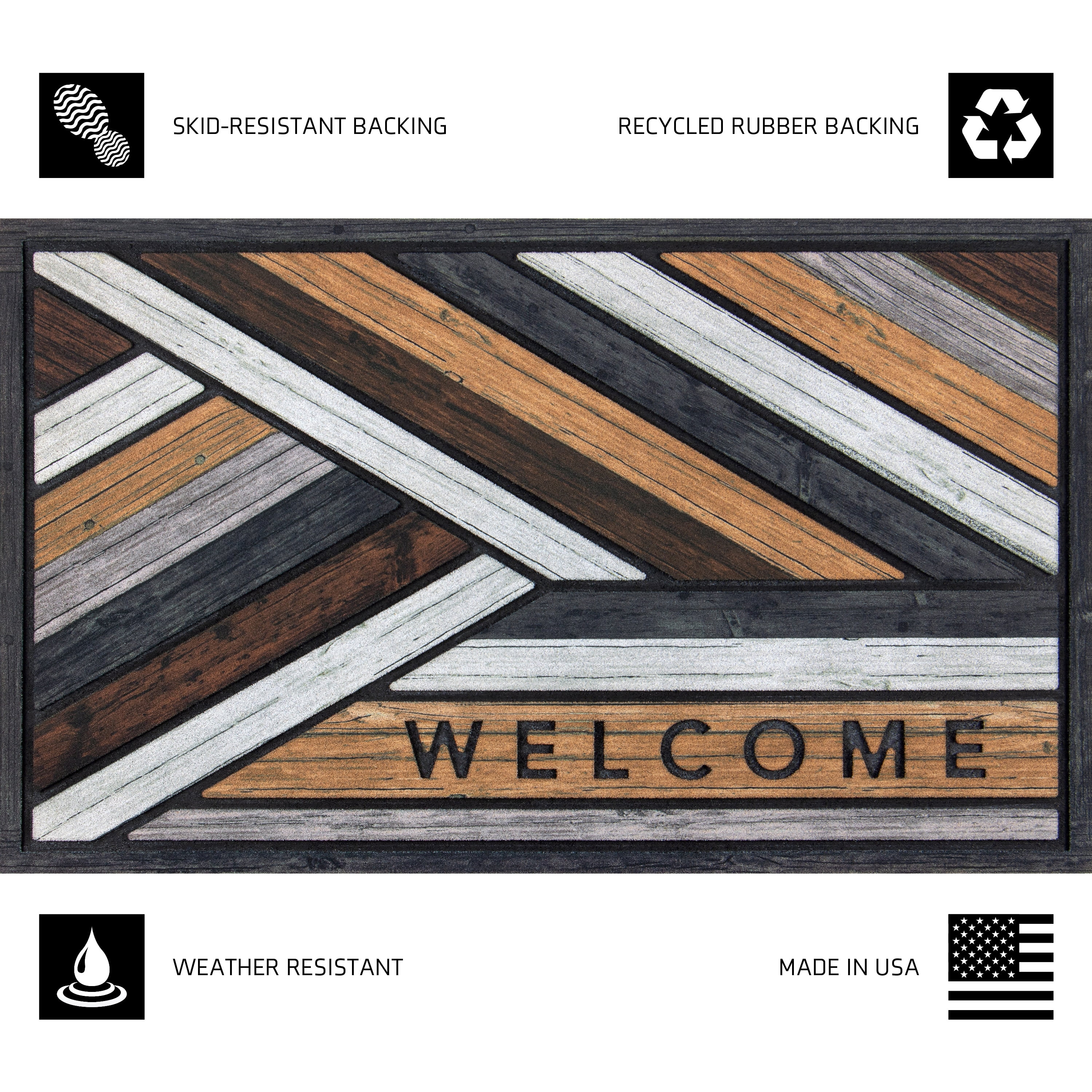 Mainstays Masterpiece Woodstain Modern Wood Slats Welcome Gray, Outdoor Doormat, 18" x 30"