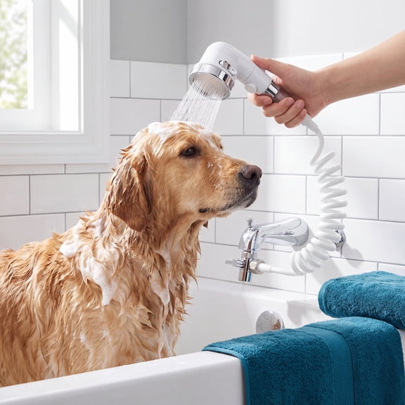 Pet Shower Attachment for Bathtub Faucet, Dog Washing Hose Attachment with Handheld Sprayer, Flexible Coil Hose and Faucet Diverter Kit for Home Pet Bathing