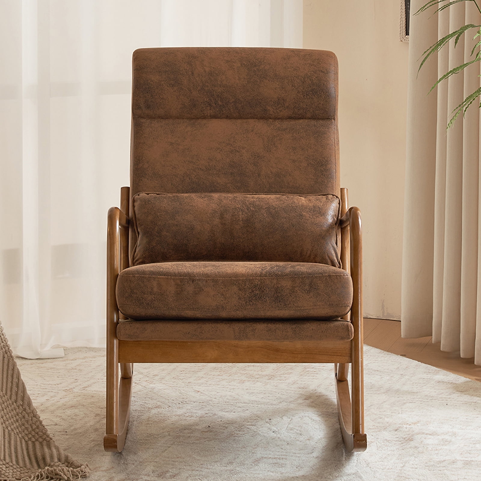 UWR-Nite Rocking Chair Nursery, 25.2" High Backrest Mid-Century Rocking Chair with Wooden Armrest Upholstered Glider Rocker with Free Lumbar Pillow for Living Room