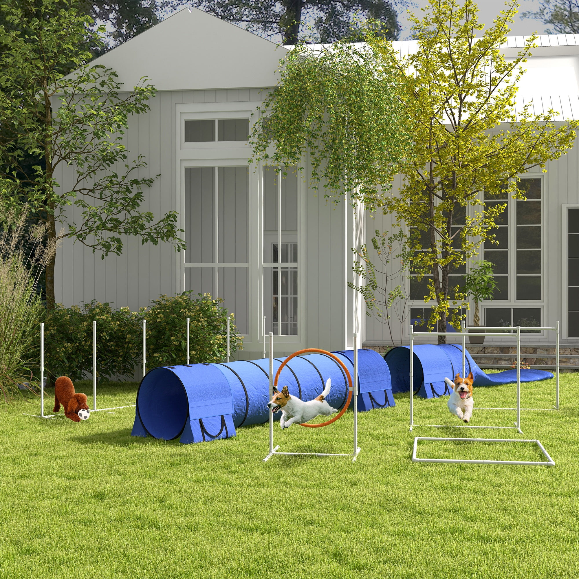 7 Piece Dog Agility Training Equipment, Dog Obstacle Course Starter Kit with Tunnels, Weave Poles, Adjustable Hurdles, Jumping Ring, Pause Box, Whistle, Blue