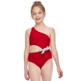 thumbnail image 2 of Fashion Parent-child Swimwear Mom and Children Bow Oblique Shoulder Hollow High Waist One-piece Swimsuit, 2 of 6