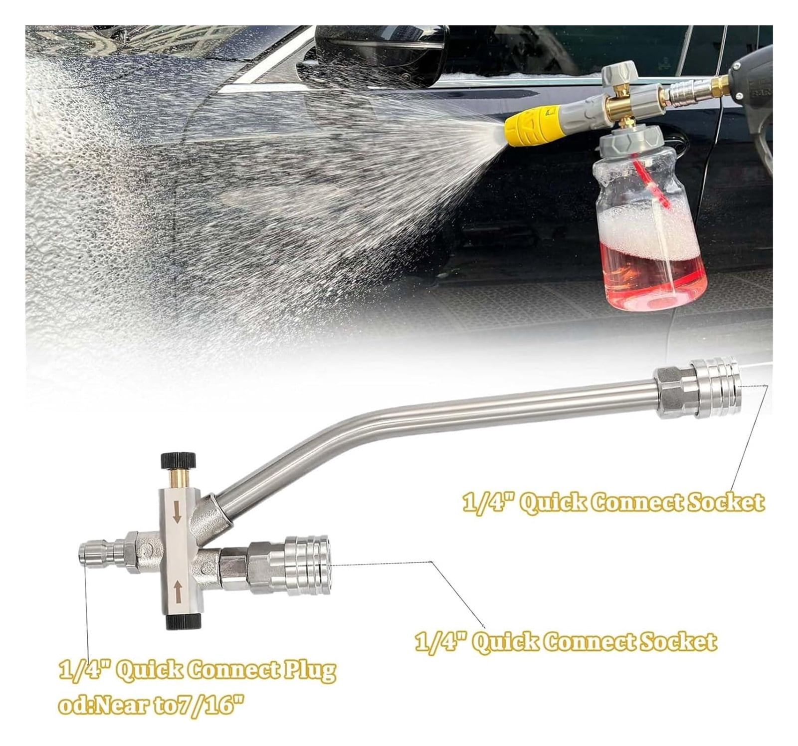 Foam Cannon Dual Connector Accessory, Pressure Washer Foam Cannon For Soap Cannon, 5 Pressure Washer Sprayer Nozzles, 1/4" Quick Connect, For Car Garden Window