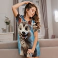 thumbnail image 3 of Easygdp Blue Sky Cute Wolf Camisón de manga corta para mujer, informal, estampado, 3 of 6