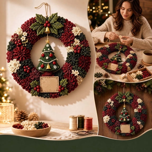 3D Fabric Poke Wreath DIY Kit, Christmas Wreath DIY Kits for Adults 3D Fabric Poke Art Craft Kit, Beginner-Friendly Holiday Wreath Making Kit & Door Decor, Christmas Decorations
