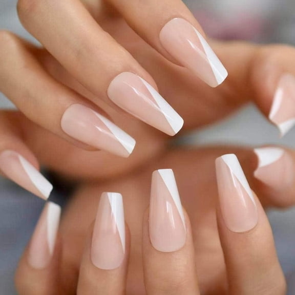 Natural Nude White French Press On Nails, Extra Long Acrylic Tips Coffin Ballerina Fake Nails Set