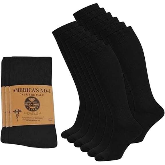 Diamond Star Diabetic Over the Calf, Non-binding Premium Cushion Cotton Knee High Comfortable Socks for Men (Black - 12 Pairs, Sock Size 9-11)