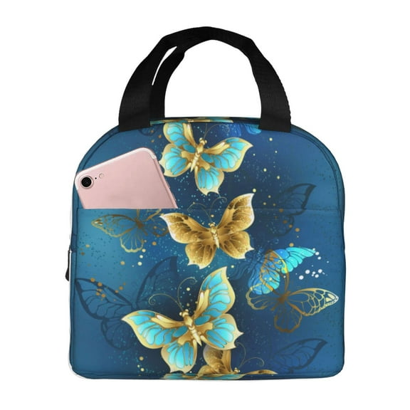 Golden Butterfly Lunch Bag Reusable Insulated Lunch Box Large Capacity Meal Tote for Women Men Cooler Bag Waterproof Tote Bag for Travel Picnic Hiking Work