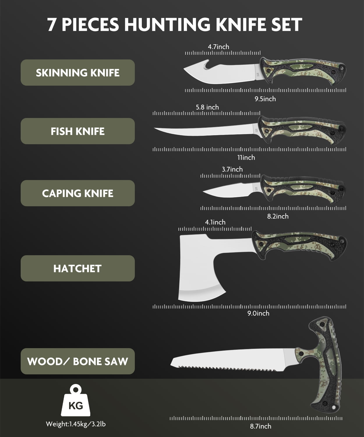 Jellas 10 Pieces Hunting Knife Set, Fixed Blade Knife Hunting Field Dressing Kit, Compact Skinning Knives for Camping Fishing, Portable Survival Kit Camping Tool Set, Camping Gear