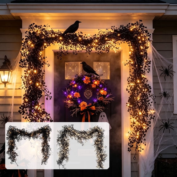 Halloween Garland, 5.9FT LED Battery Operated Artificial Vine for Door, Window and Fireplace, Gothic Halloween Home Decor, Design A, Black
