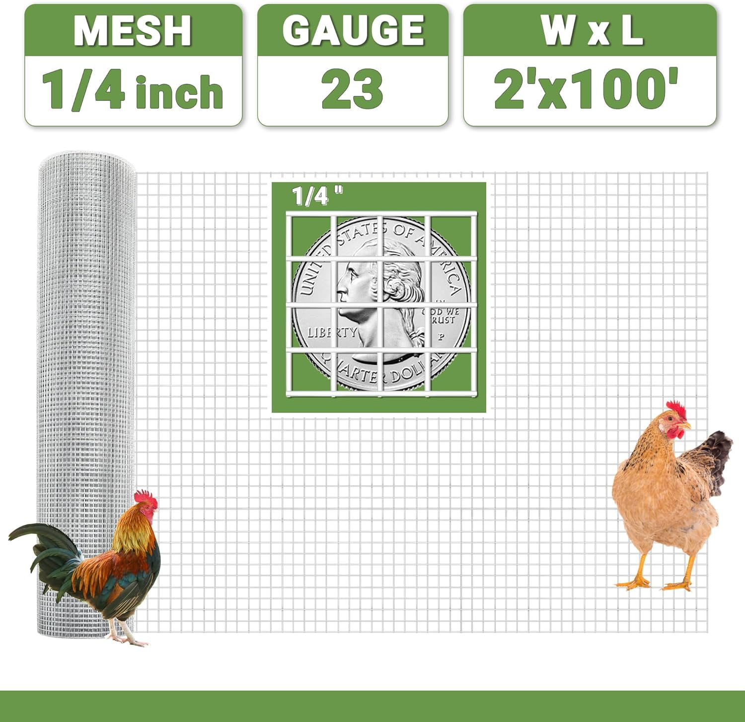 24 in x 100 ft 1/4 inch Hardware Cloth 23 Gauge Wire Fencing Galvanized Welding Garden Fence Roll Square Mesh Chicken Rabbit Snake Cage Heavy Duty Welding Fencing