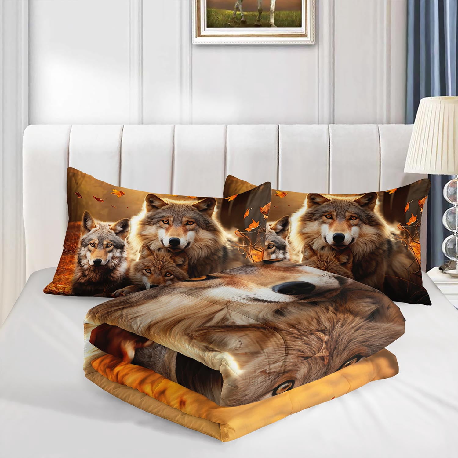 3pcs Wolf Family Autumn Leaves Comforter Set, Realistic Wildlife Bedding Set for Bedroom or Guest Room Decor, All Seasons Quilt Machine Washable Duvet with 2 Pillowcases