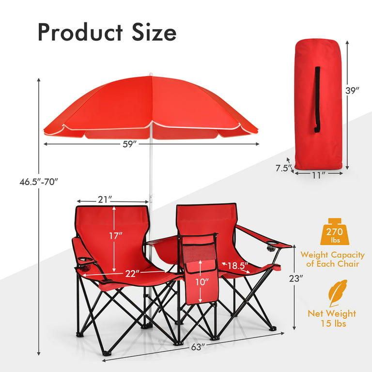 Costway Portable Folding Picnic Double Chair W/Umbrella Table Cooler Beach  Camping Chair