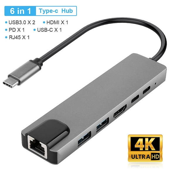 Usb C Hub 6 In 1, 4k/30hz Hdmi, 2 Usb 3.0, Pd Charging, Usb C And Rj45 Ports, Gray