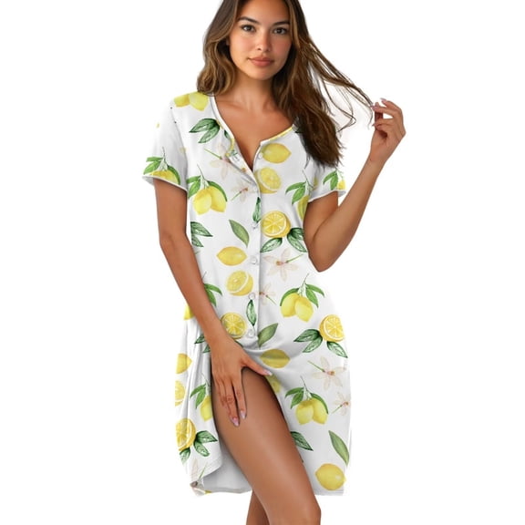 Yuyamidu Summer Lemon Button Down Nightgowns for Women Short Sleeve Sleepshirt Crew Neck Soft Pajama Dress