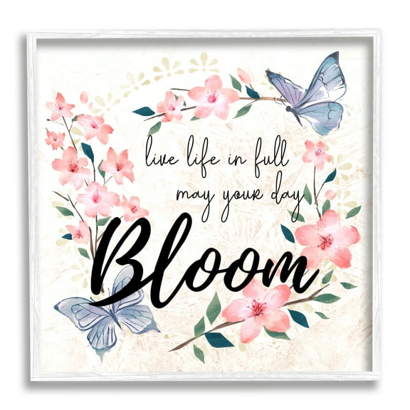 Stupell Industries May Your Day Bloom Quote Blue Butterflies Pink Blossoms Inspirational Painting White Framed Art Print Wall Art, 24 x 24