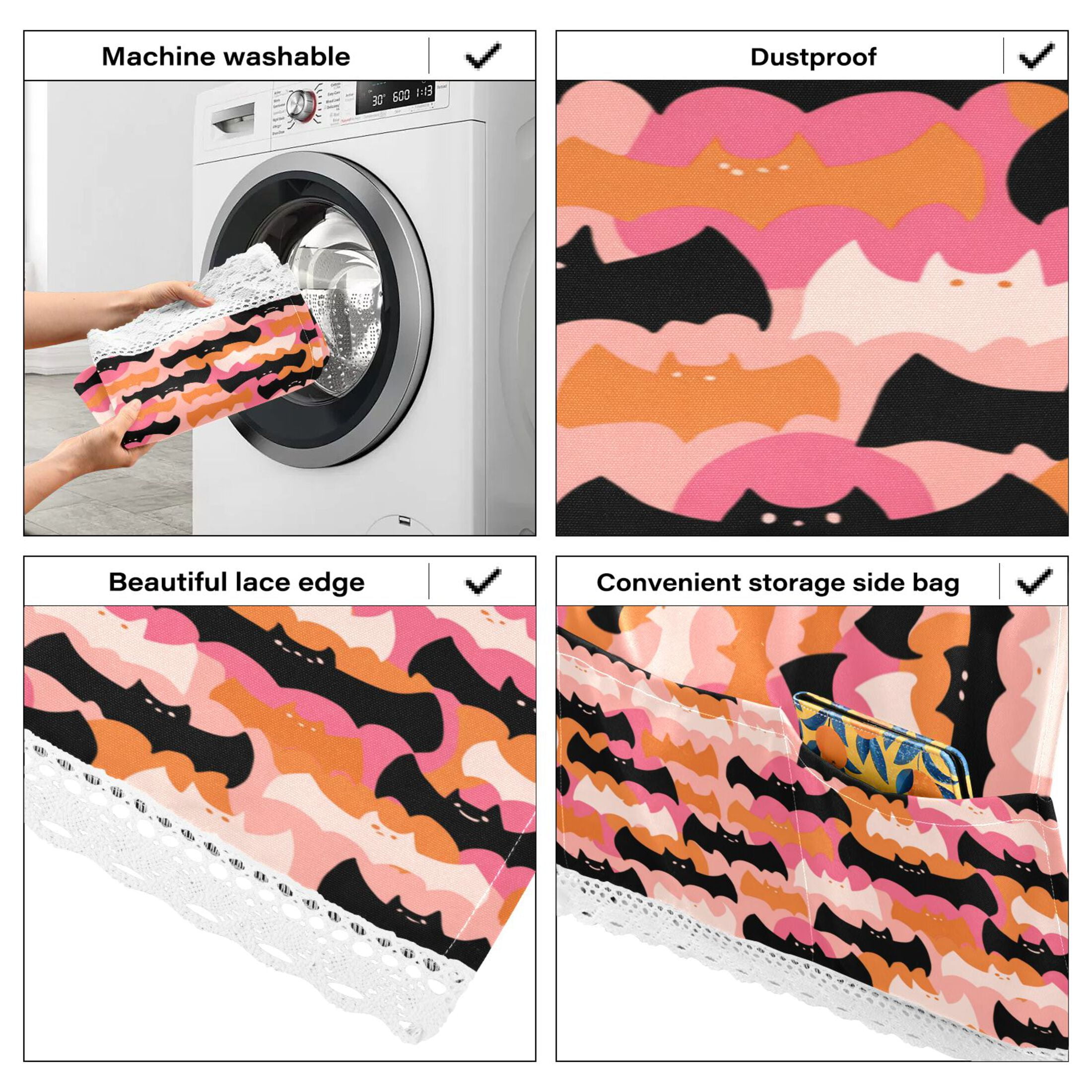 Dustproof Washing Machine Cloth Washer and Dryer Top Covers, Fridge Dust Cover, With Storage Bags Orange and Black Bats