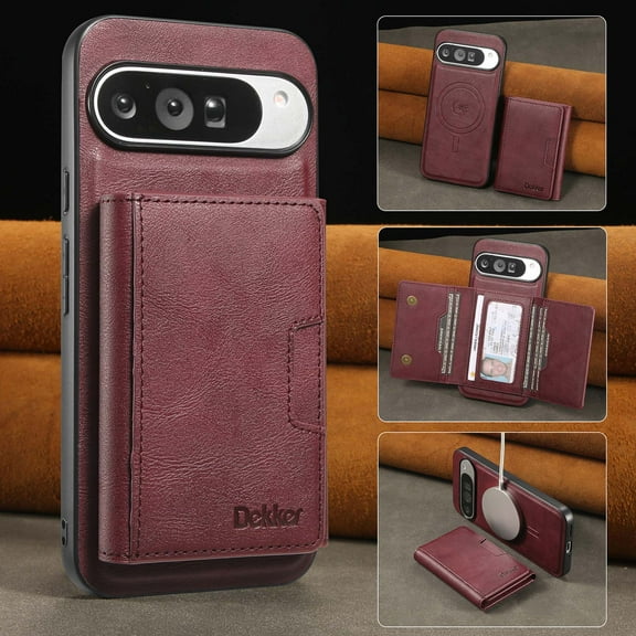 2-in-1 Detachable Wallet for Google Pixel 10 Pro XL Phone Case with Card Holder, PU Leather Flip Kickstand Magnetic Case Compatible with Mag-Safe Support Car Mount for Google Pixel 10 Pro XL, Winered
