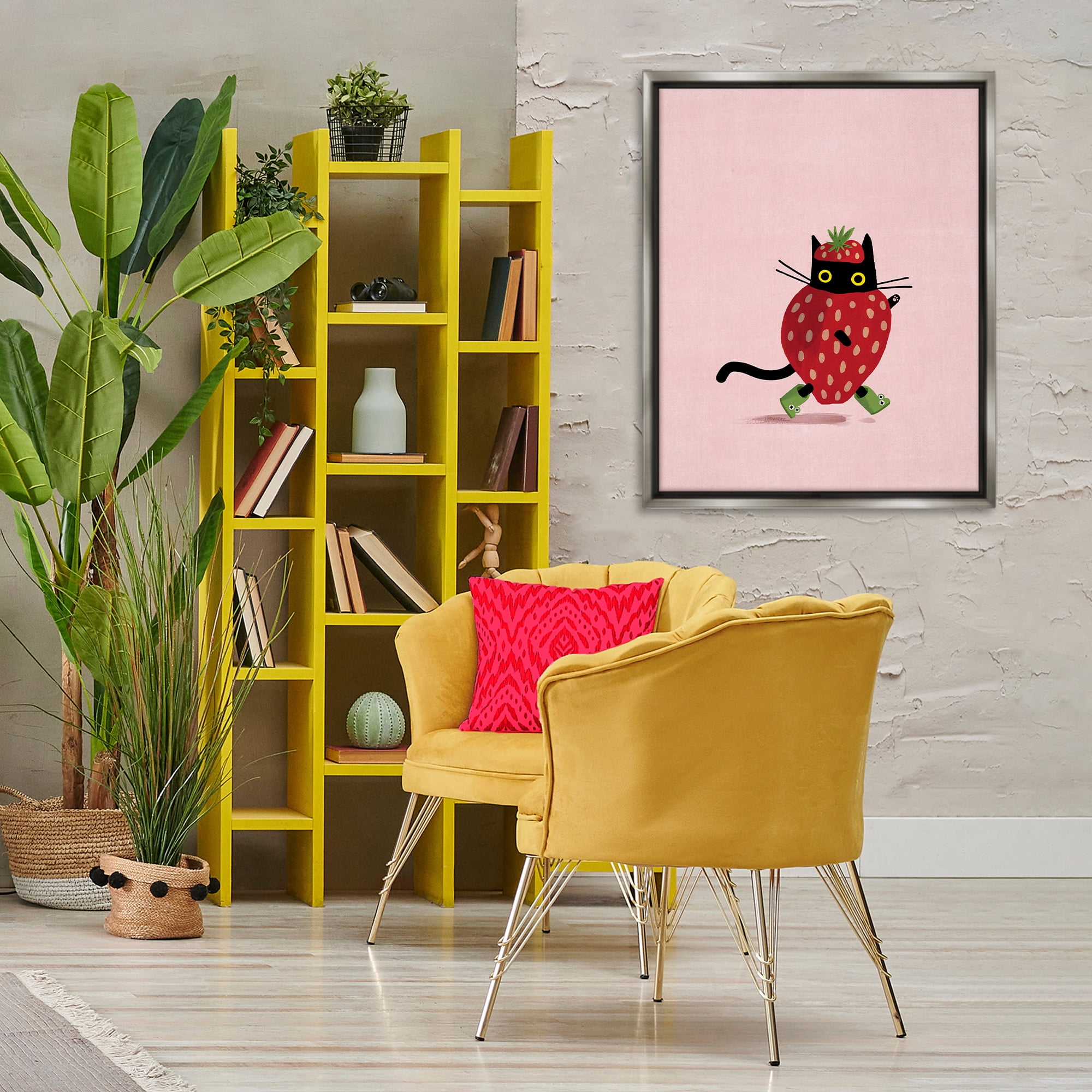 Stupell Industries Strawberry Cat on Pink Animals Painting Gray Floater Framed Canvas Art Print Wall Art, 25 x 31
