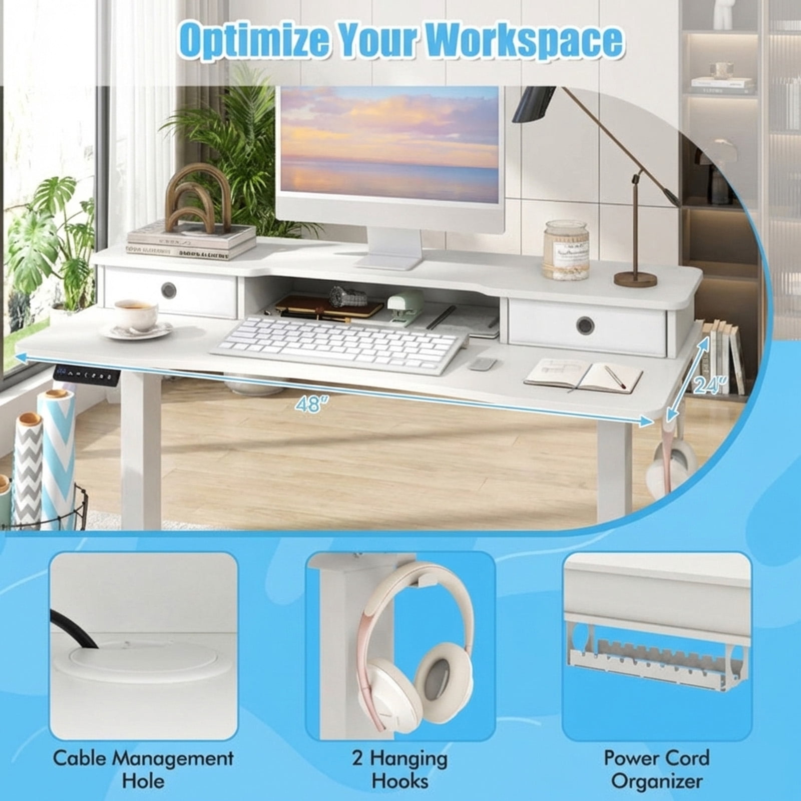 Furnibear 48 x 24 Inch Electric Height Adjustable Standing Desk with 2 Fabric Drawers Monitor Stand Memory Settings White
