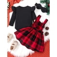 thumbnail image 3 of KelaJuan Baby Girl Christmas Outfits Solid Color Long Sleeve Rompers Deer Patch Plaid Suspender Skirts Headband 3Pcs Clothes Set, 3 of 6