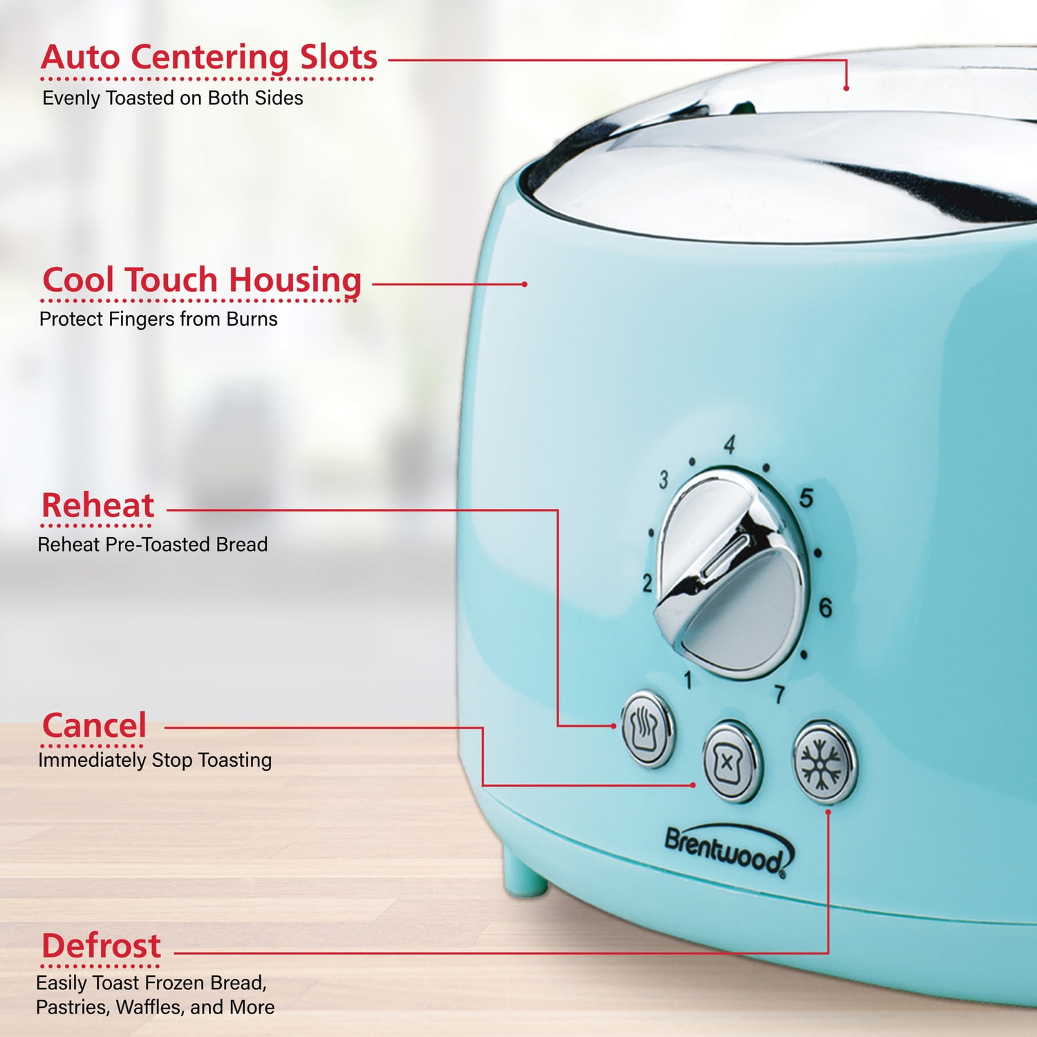 Brentwood 2-Slice Retro Toaster, Blue, Extra Wide Slots