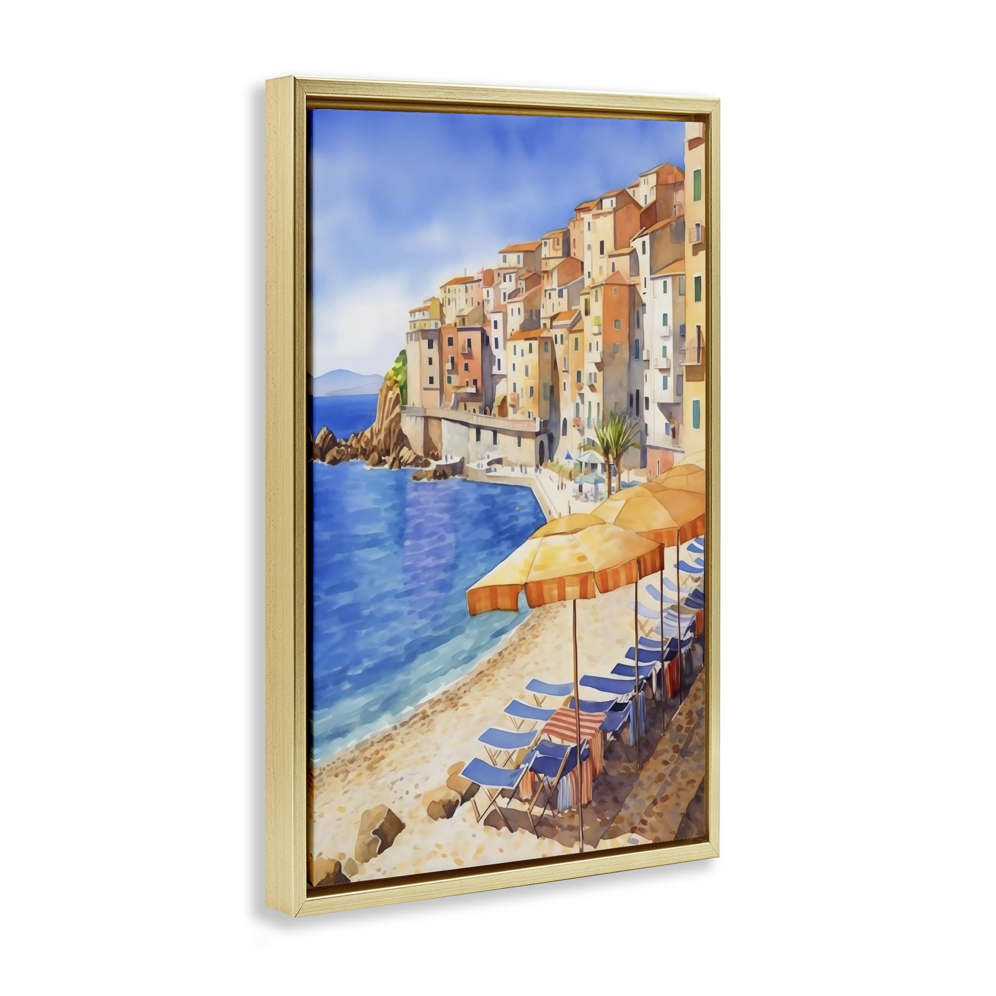 Stupell Industries Beach Lounging on Mediterranean Shore Gold Framed Floater Canvas Wall Art, design by Creative Studio