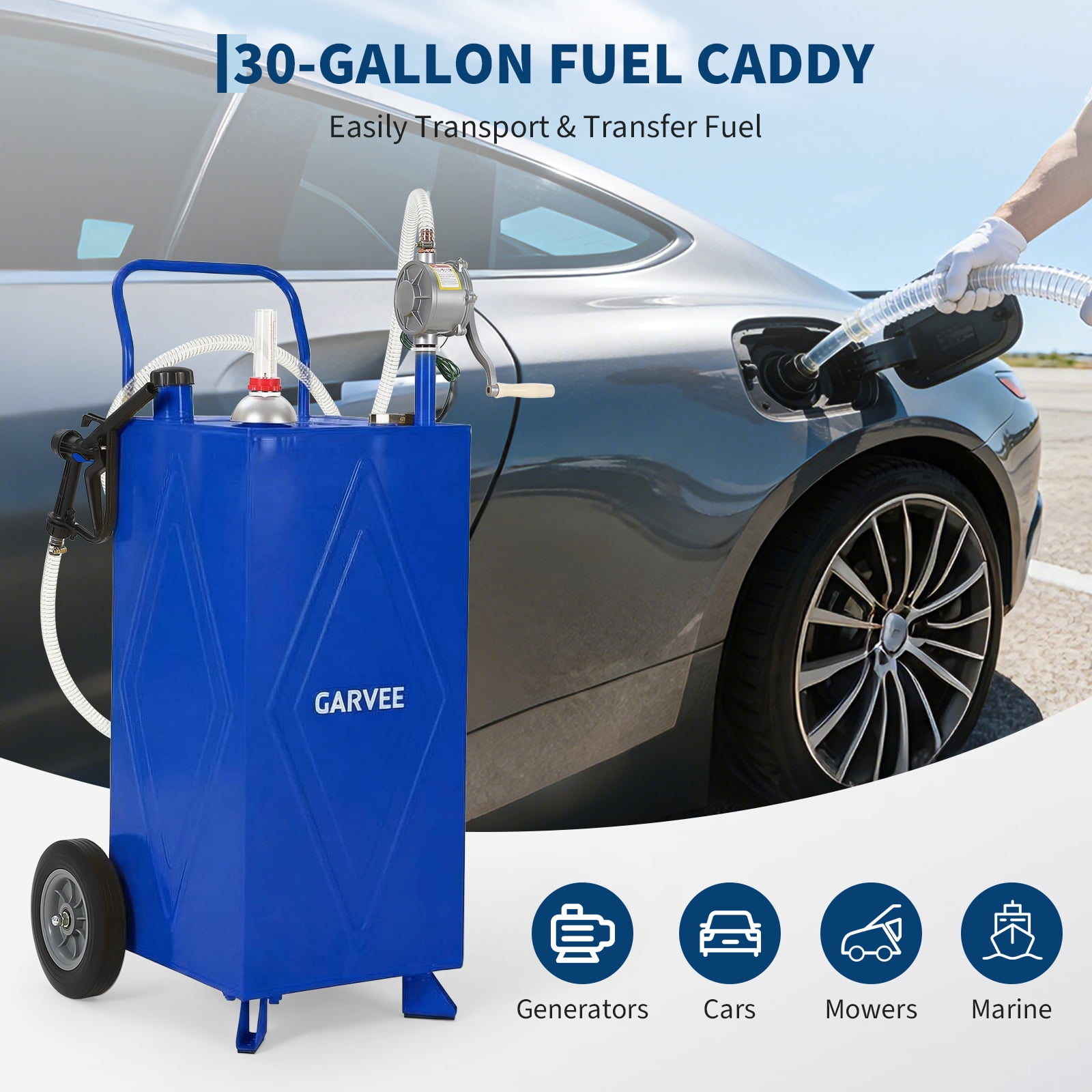 Garvee 35 Gallon Fuel Gas Caddy Storage Tank,Portable Fuel Transfer Tank with Smooth-Rolling Wheels, Manual Hand Crank Transfer Pump,Blue