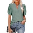 thumbnail image 1 of Blusa de manga abombada Cuello en V Hueco Color puro Slim Fit Blusa casual de manga corta para mujer Mujer Verde oscuro S, 1 of 5