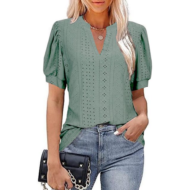 Blusa de manga abombada Cuello en V Hueco Color puro Slim Fit Blusa casual de manga corta para mujer Mujer Verde oscuro S