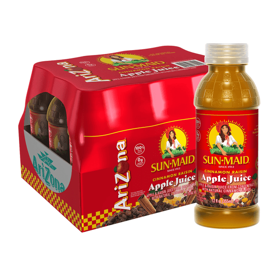 AriZona Cinnamon Raisin Apple Juice, Made with Sun-Maid Raisin Juice, 100% Fruit Juice and Natural Flavors with No Added Sugar - 12 Fl Oz (Pack of 12)