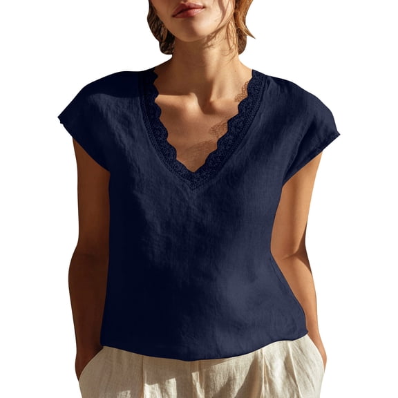 cocolona Linen T-shirts for Women Summer Lace V Neck Cap Sleeve Tops Fashion Casual Loose Tees Blouses