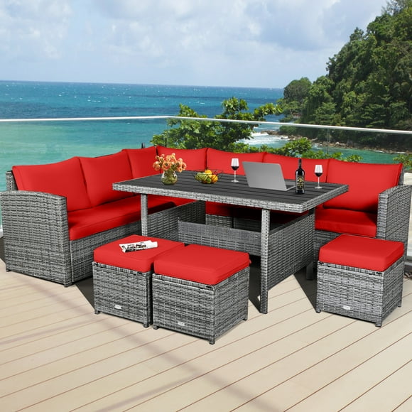 Gymax 7PCS Rattan Patio Sectional Sofa Set Conversation Set w/ Red Cushions
