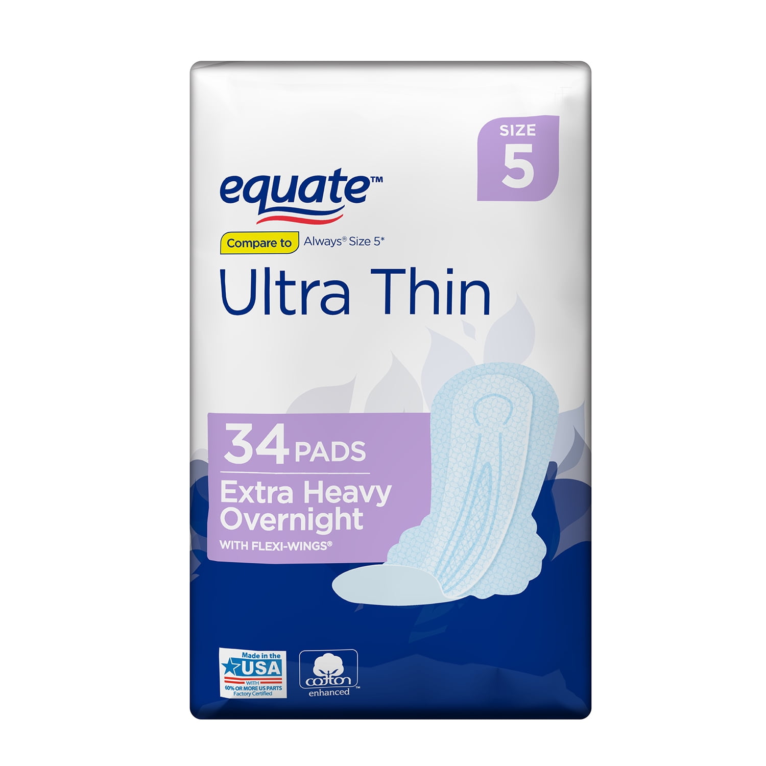 Equate Ultra Thin, Size 5, Extra Heavy Overnight Pads with Wings, 34