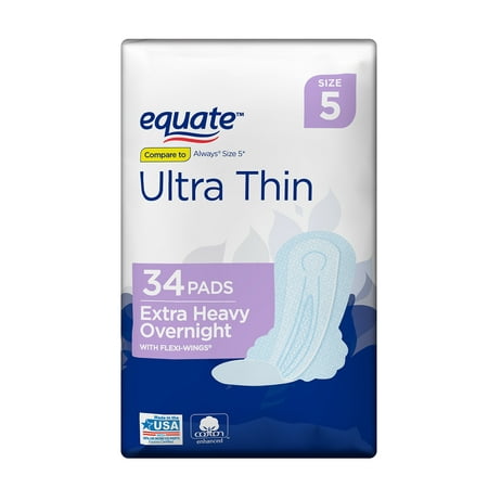 Equate Ultra Thin Pads, Extra Heavy, Overnight with Wings, 34 Count, Size