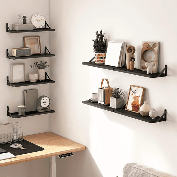 Tomnk Wood Floating Shelves Set of 8, Shelves for Wall Decor, Farmhouse Shelf for Bedroom, Bathroom Shelves, Book Shelves for Living Room, Light Brown
