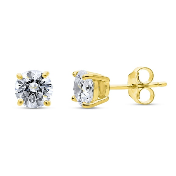 BERRICLE Sterling Silver Solitaire 1.6 Carat Round Cut Cubic Zirconia CZ Fashion Stud Earrings for Unisex, Yellow Gold Flashed, Clear