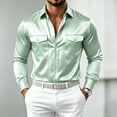 thumbnail image 2 of FRSASU Men's Long Sleeve Silky Satin Button Down Shirt Business Casual Dress Shirts with Chest Pockets Mint Green, 2 of 5