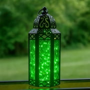 Moroccan Metal Candle Lantern Holder with LED Fairy String Lights, Medium, Green