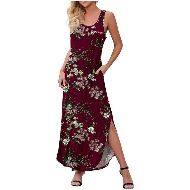 DPTALR Robe Longue Sans Manches à Col Rond Imprimé pour Femmes Robes Maxi d'Été avec Poche