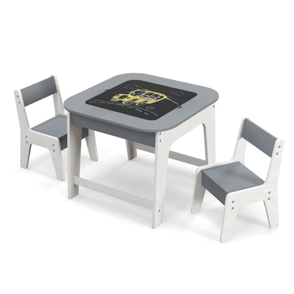 Furnibear Kids Table and Chairs Set with Double-Sided Tabletop and Reclining Backrest Chairs for Playroom and Bedroom, Gray