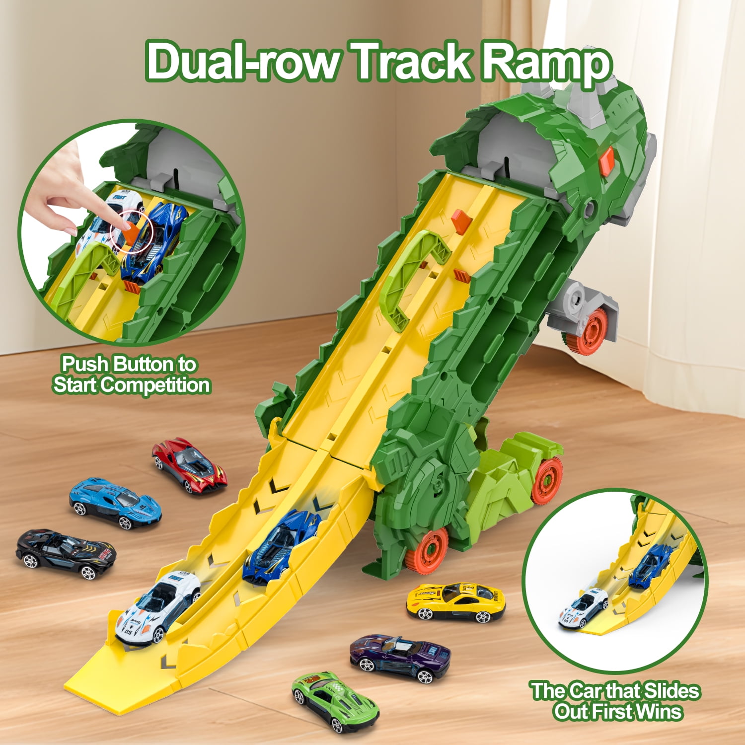 Toddler Dinosaur Truck Toy for 2 Year Old Boy, Toys Cars Set with Race Track Ultimate Transporter Hauler Dinosaur Transporter Truck with 8 Die-Cast Car Toys Gifts for Kids Ages 2 3 4 5 6 Years Old