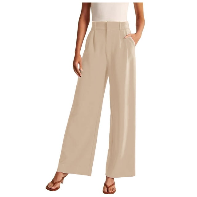 Women's Wide Leg High Waisted Dress Pants - Work/Business Casual, Flowy Trousers, Polyester/Spandex, Button Closure, Multiple Sizes
