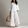 thumbnail image 2 of Costeam Womens Solid Linen Blend Two Piece Outfit V Neck Three Quarter Sleeve Crop Top Contrast Cuff Wide Leg Full Length Pants Loose Fit Casual Bohemian Co Ord Set, 2 of 5