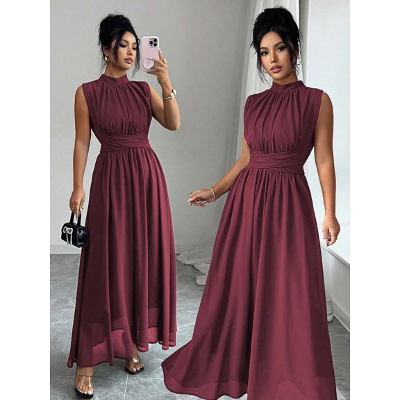 Burgundy Womens Sleeveless High Neck Chiffon A-Line Maxi Dress With Criss-Cross Waist Tie