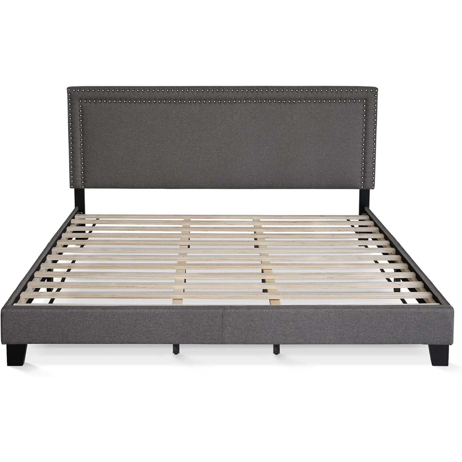 Homestock Rustic Ranch Button Tufted Bed Frame In Linen With 12 Piece Slat Style, King Size For A Stylish And Comfortable Bedroom Retreat-Color:Stone,Size:King